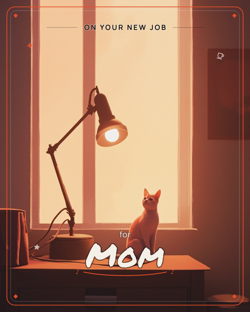 A cat sits on a desk beside an adjustable lamp, gazing up into its warm glowing bulb as sunset light pours through a paned window behind them, a new job e-card design