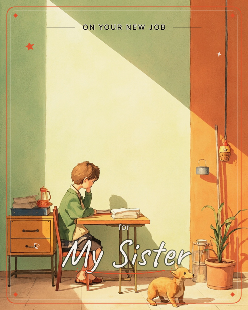 A child in a green cardigan sits at a small wooden desk, chin resting on hand, quietly reading in a shaft of afternoon light that slants across the room, a new job e-card design
