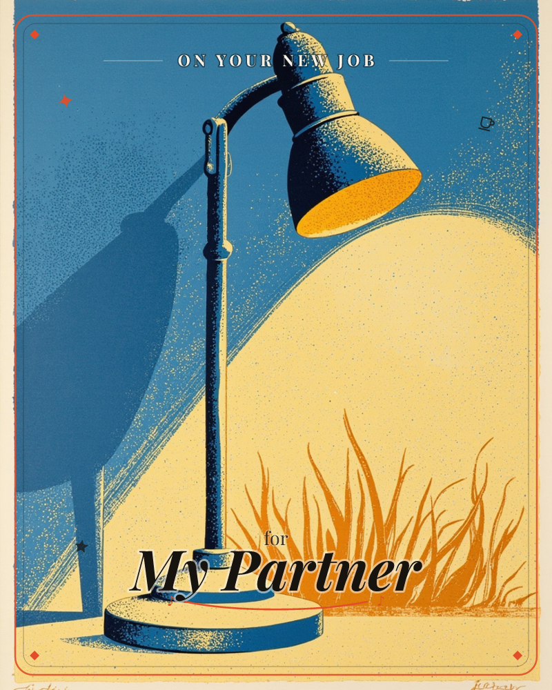 A retro desk lamp stands against a deep blue background, its bent neck angling a warm golden beam down across a patch of stylised orange grass, a new job e-card design