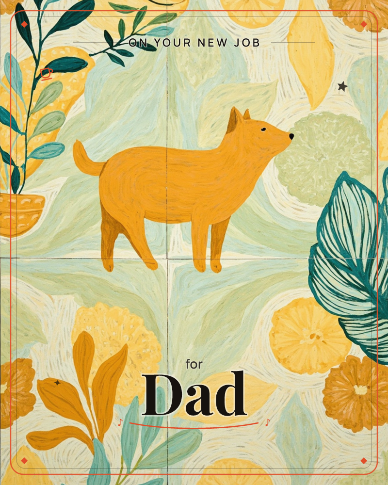 A stylised orange fox-like dog stands mid-step amid a dense mural of citrus slices, potted plants and oversized leaves, the whole surface painted in…, a new job e-card design