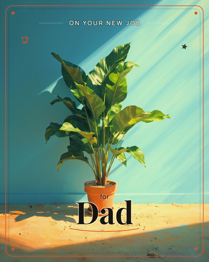 A broad-leafed potted plant stands against a deep teal wall, its terracotta pot casting a long shadow across a sandy floor, a new job e-card design