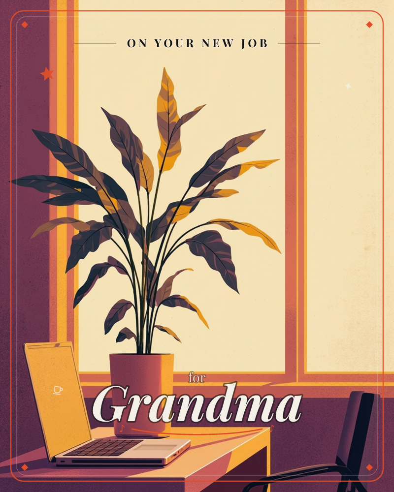 A tall potted plant stands silhouetted against a glowing window divided by warm orange and gold mullions, its long leaves catching amber light at the…, a new job e-card design