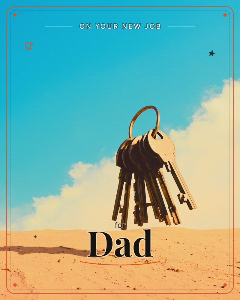 A large bunch of old-fashioned keys hangs suspended in a bright surreal sky, glinting gold against turquoise blue and a soft cloud bank, with a flat…, a new job e-card design