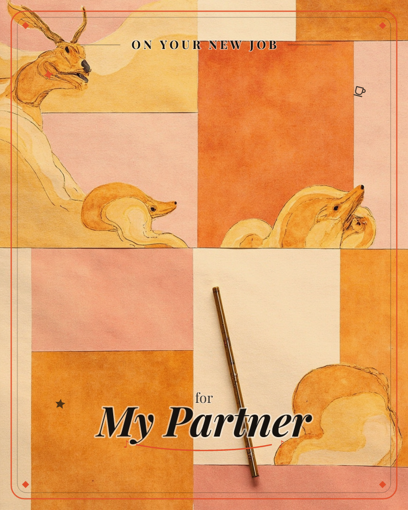 A patchwork of watercolour paper panels in warm ochre, rust and blush tones shows fragments of a jackalope-like creature and curled foxes sketched in…, a new job e-card design