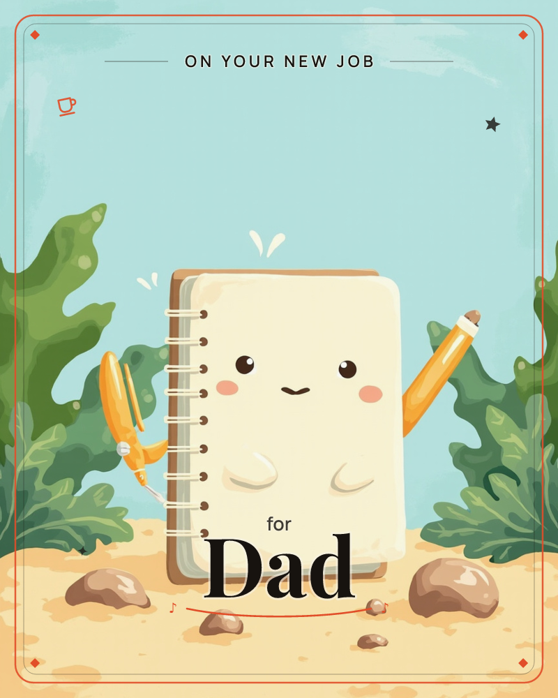 A cheerful spiral notebook with a smiling face stands upright on sandy ground, holding scissors in one hand and a pencil in the other, a new job e-card design