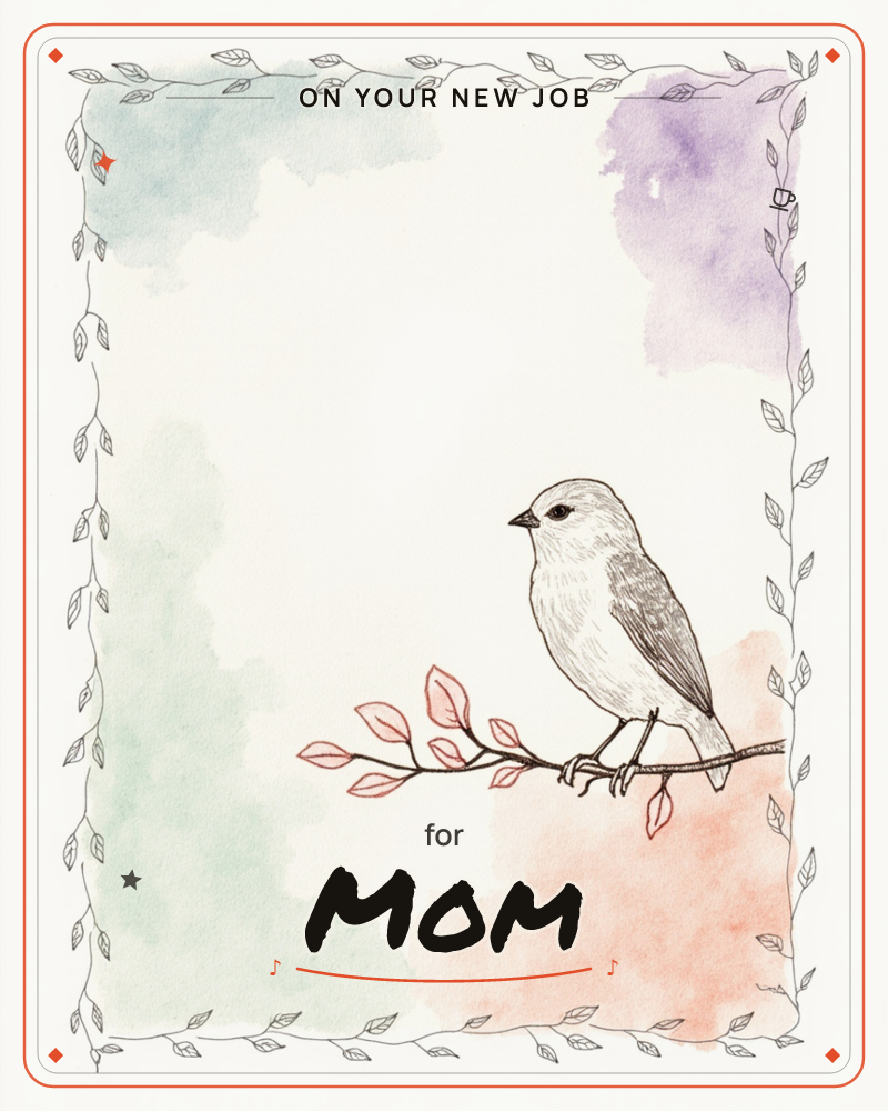 A small, finely inked bird with a pale grey head and soft grey wings perches sideways on a thin branch dotted with coral-pink leaves, a new job e-card design