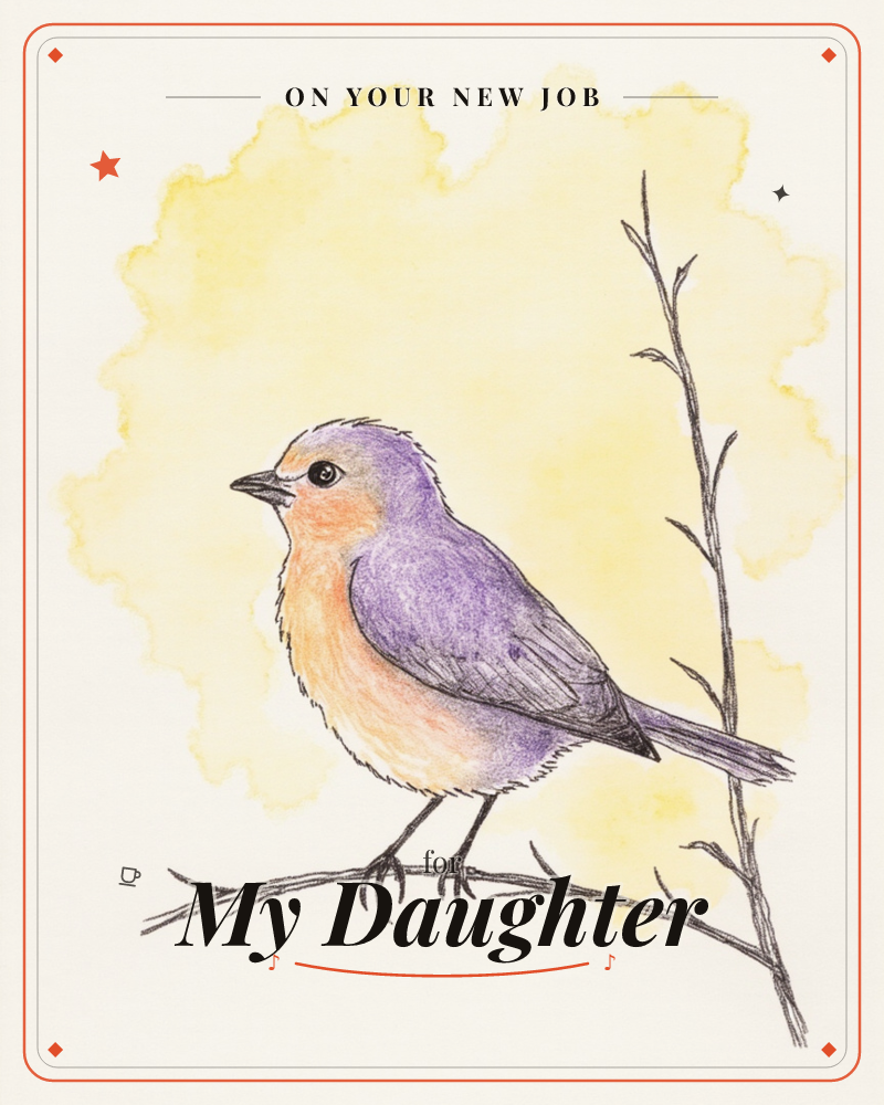 A small robin with a peach-orange breast and dusty lavender wings perches on a bare, sketched twig, its claws gripping the branch mid-stance, a new job e-card design