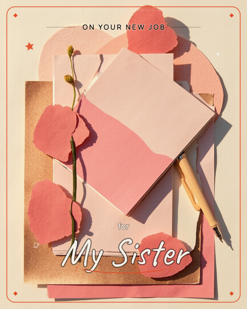 A layered paper collage sits in warm sunlight, with a blush pink square note tilted atop kraft and cream card stock, a new job e-card design