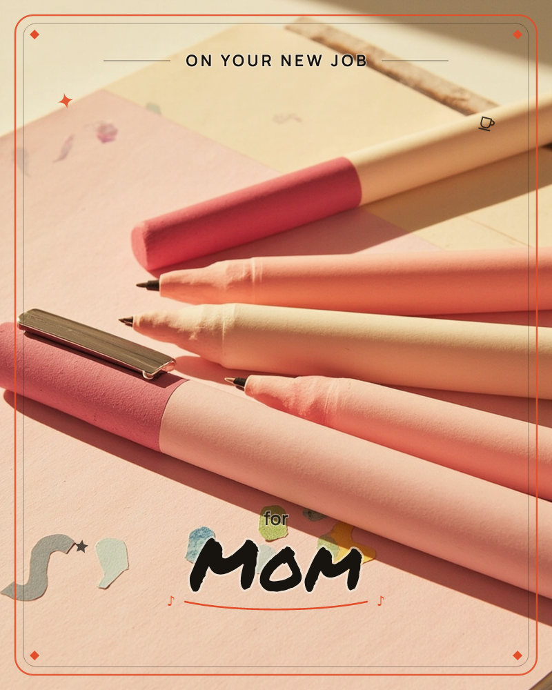 A close-up still life of coloured pens and pencils in shades of coral, blush and cream, fanned out across layered sheets of pastel paper, a new job e-card design