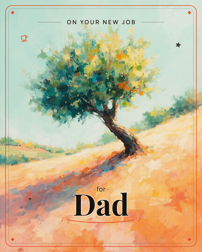 A lone, twisted tree leans over a sun-baked orange hillside beneath a soft pale-teal sky, a new job e-card design