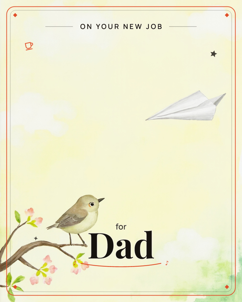 A small brown-and-cream bird perches on a blossom-covered branch, watching a white paper airplane glide past through a soft yellow sky dotted with pale…, a new job e-card design