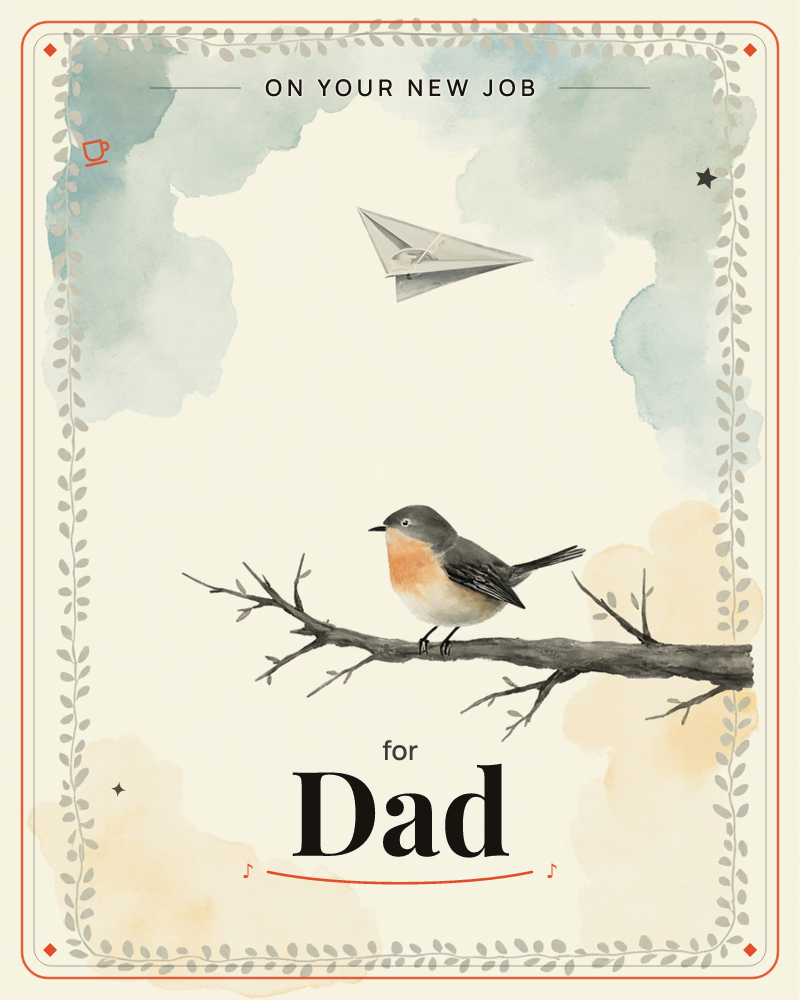 A robin with a soft orange breast perches on a bare, knotted branch while a paper aeroplane glides silently through a watercolour sky of dusty blue…, a new job e-card design