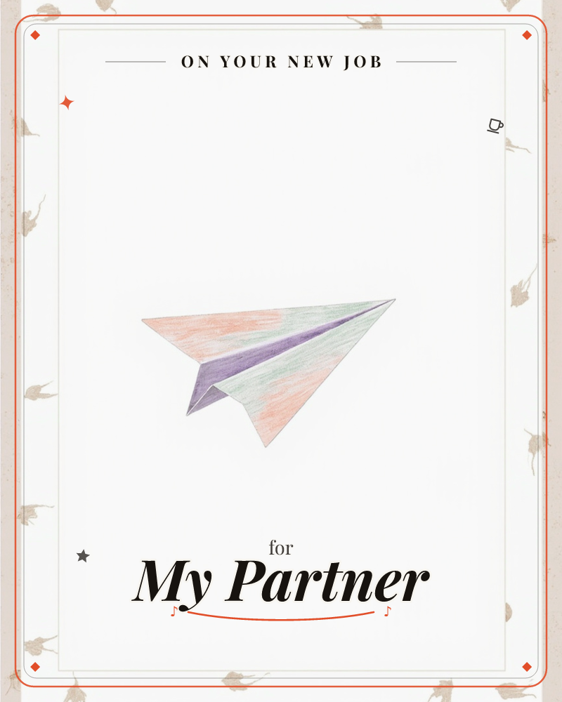 A single paper airplane, hand-shaded in coral, sage and muted purple, glides across a wide expanse of blank white space, a new job e-card design