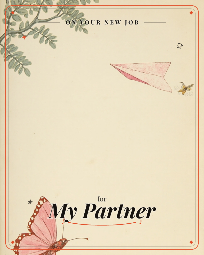 A soft cream page holds a delicate leafy branch curling in from the top corner, while a pink paper airplane glides across the middle followed by a tiny…, a new job e-card design