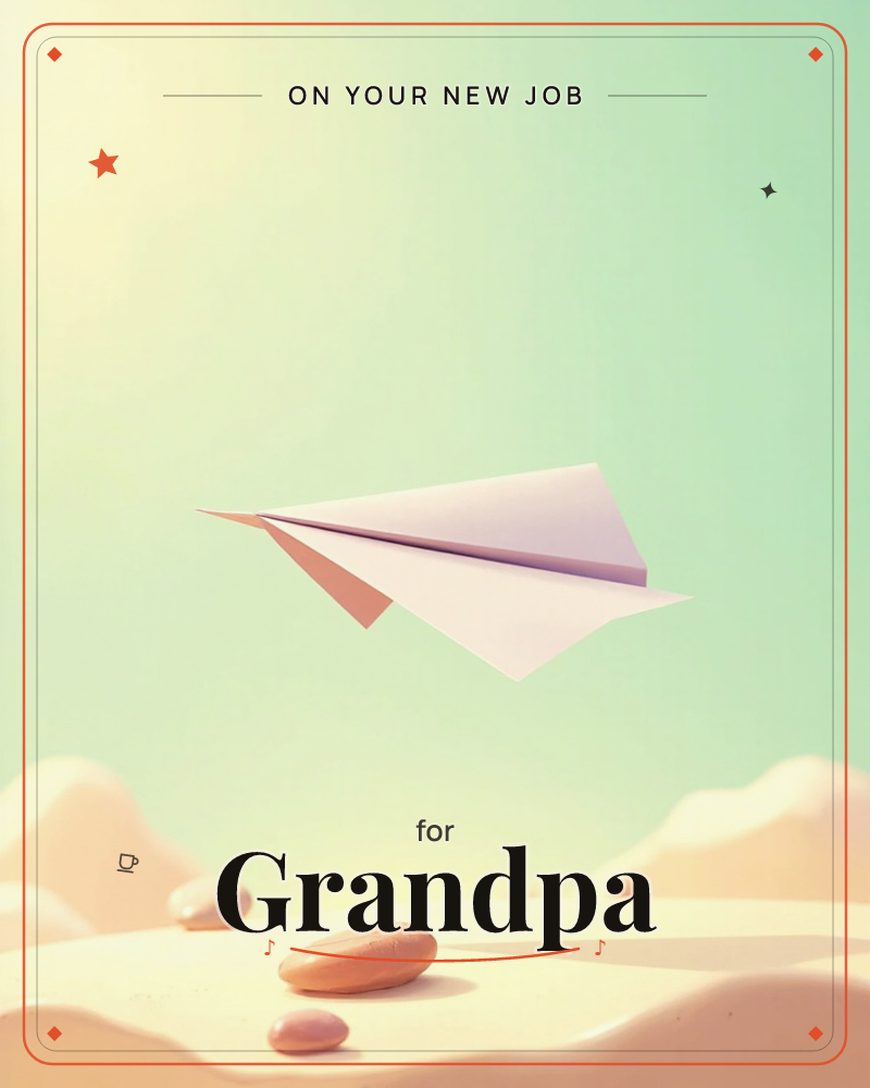 A white paper airplane glides through a soft mint-to-yellow gradient sky, casting a gentle shadow below, a new job e-card design
