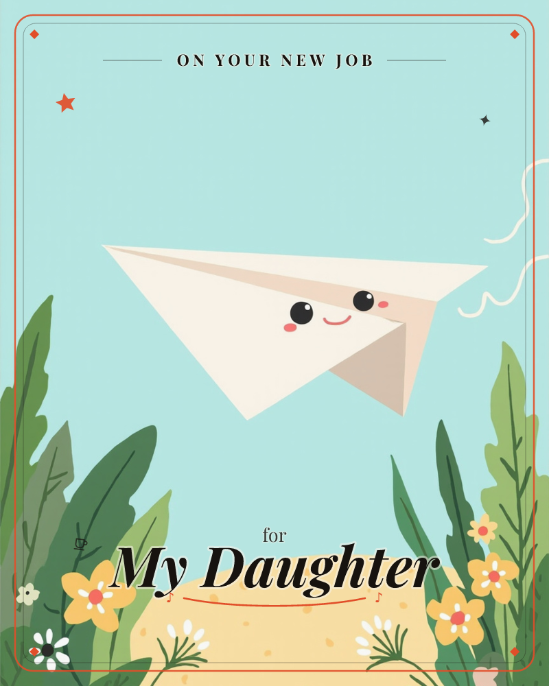 A cheerful paper airplane with a smiling face glides across a soft mint-blue sky, trailing little swirls of wind behind it, a new job e-card design