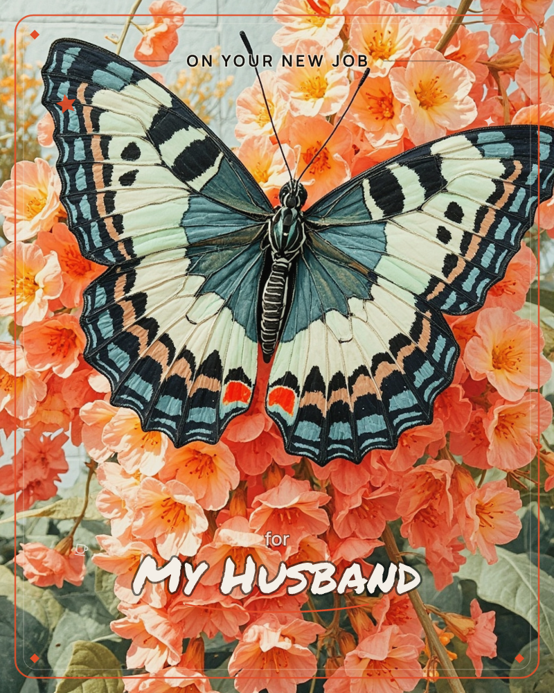 A large butterfly with cream, teal, and black-banded wings rests fully open across a cascade of coral-orange trumpet flowers, its tiny red…, a new job e-card design