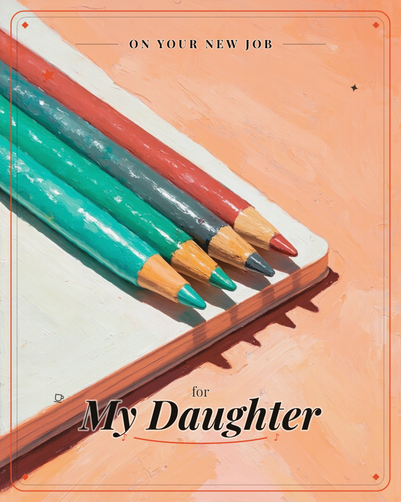 Four coloured pencils in green, teal, grey and red lie fanned across the corner of a cream sketchbook, their sharpened tips catching a warm slant of light, a new job e-card design