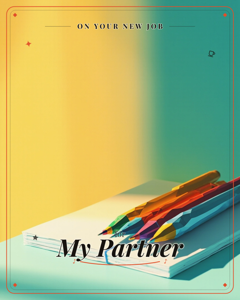 A cluster of coloured pencils, sharpened and bright, rests diagonally across a stack of plain paper, a new job e-card design