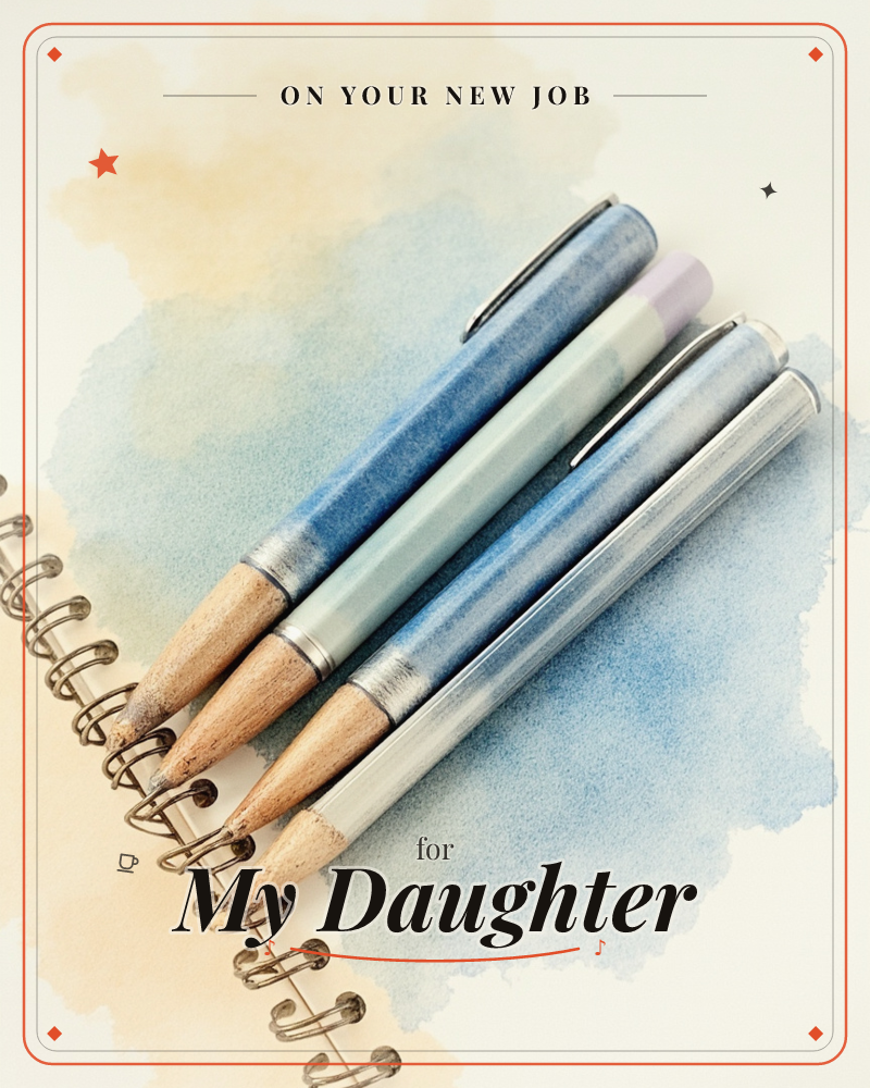 Three sharpened pencils in soft blue, mint and lavender-tipped finishes lie diagonally across the spiral binding of an open sketchbook, a new job e-card design