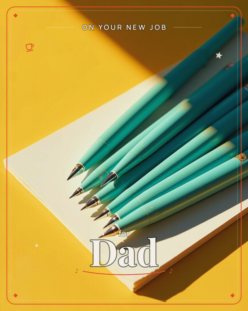 A cluster of teal mechanical pencils lies fanned across a pale notepad, their metal tips catching a bright, hard sunlight, a new job e-card design
