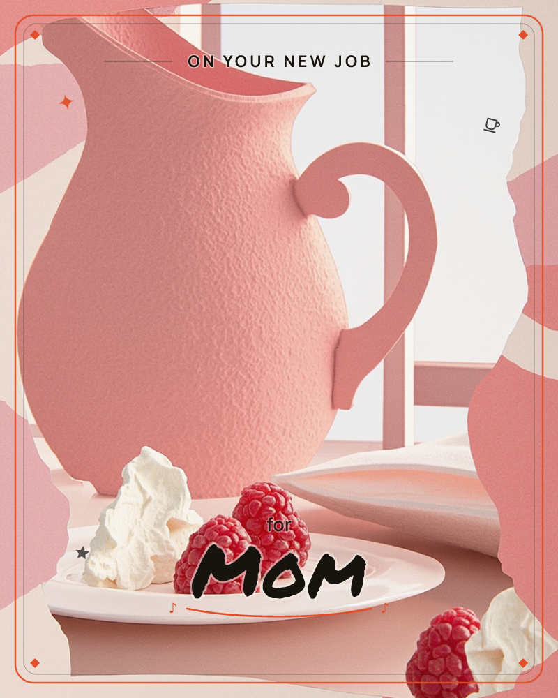 A textured pink pitcher stands beside a plate of oversized raspberries and a swirl of whipped cream, glimpsed through a torn-paper frame in shades of…, a new job e-card design