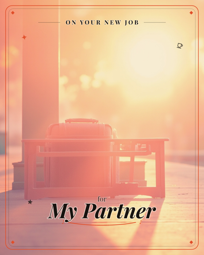 A backyard grill sits on a wooden deck, silhouetted against a blazing wash of golden-orange sunlight streaming through a porch column, a new job e-card design