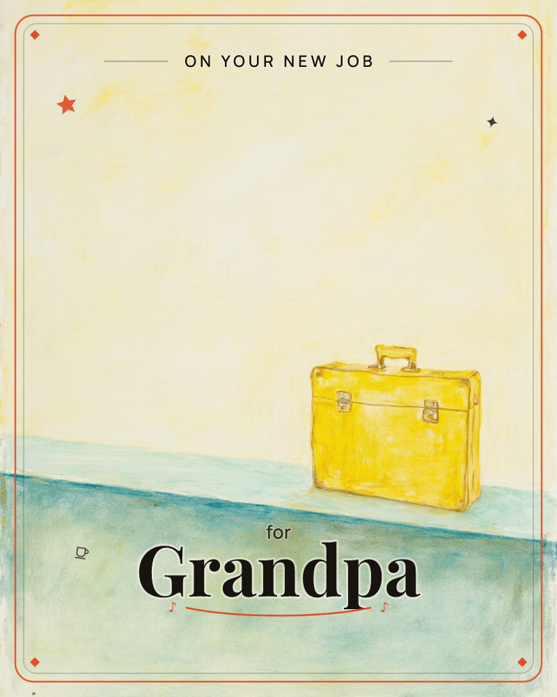 A single mustard-yellow suitcase sits alone on a pale teal ledge, painted with loose, chalky brushstrokes against a warm, hazy cream background, a new job e-card design