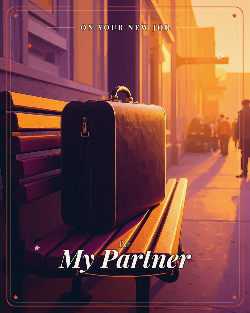 A worn leather suitcase sits alone on a wooden bench along a city sidewalk, glowing amber in low sunset light, a new job e-card design