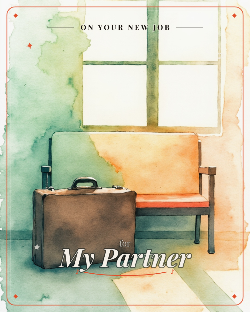 A watercolour painting shows a brown leather suitcase resting beside an empty wooden bench, set against a sunlit windowpane, a new job e-card design