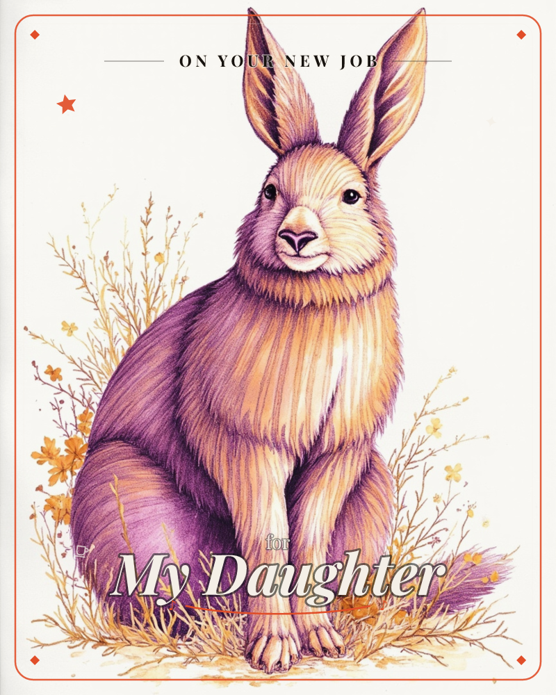 A large hare sits upright on its haunches against a plain white background, its tall ears pointed skyward and its fur rendered in streaks of amber and…, a new job e-card design