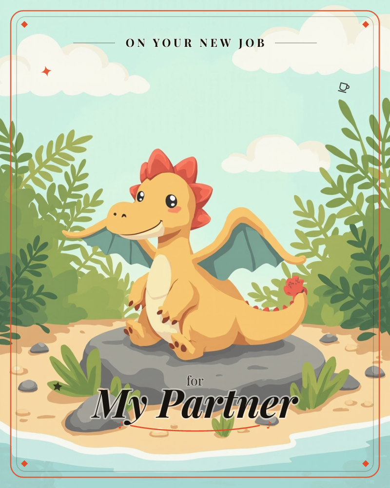 A cheerful little dragon with a red-spiked crest and blue-tinged wings sits smiling on a grey rock at the edge of a sandy shore, tail curled up beside it, a new job e-card design