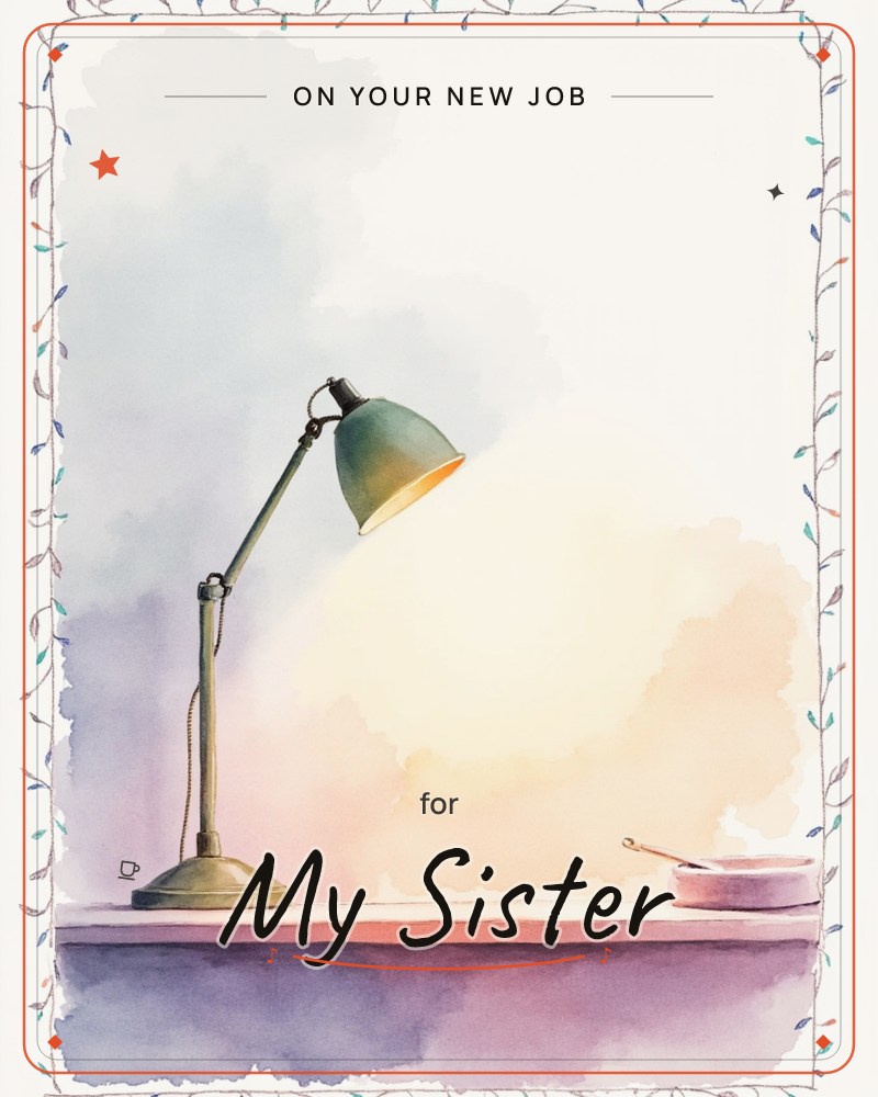 A single desk lamp leans over a wooden tabletop, its warm glow spreading across a soft watercolour wash of dusk-coloured sky, a new job e-card design