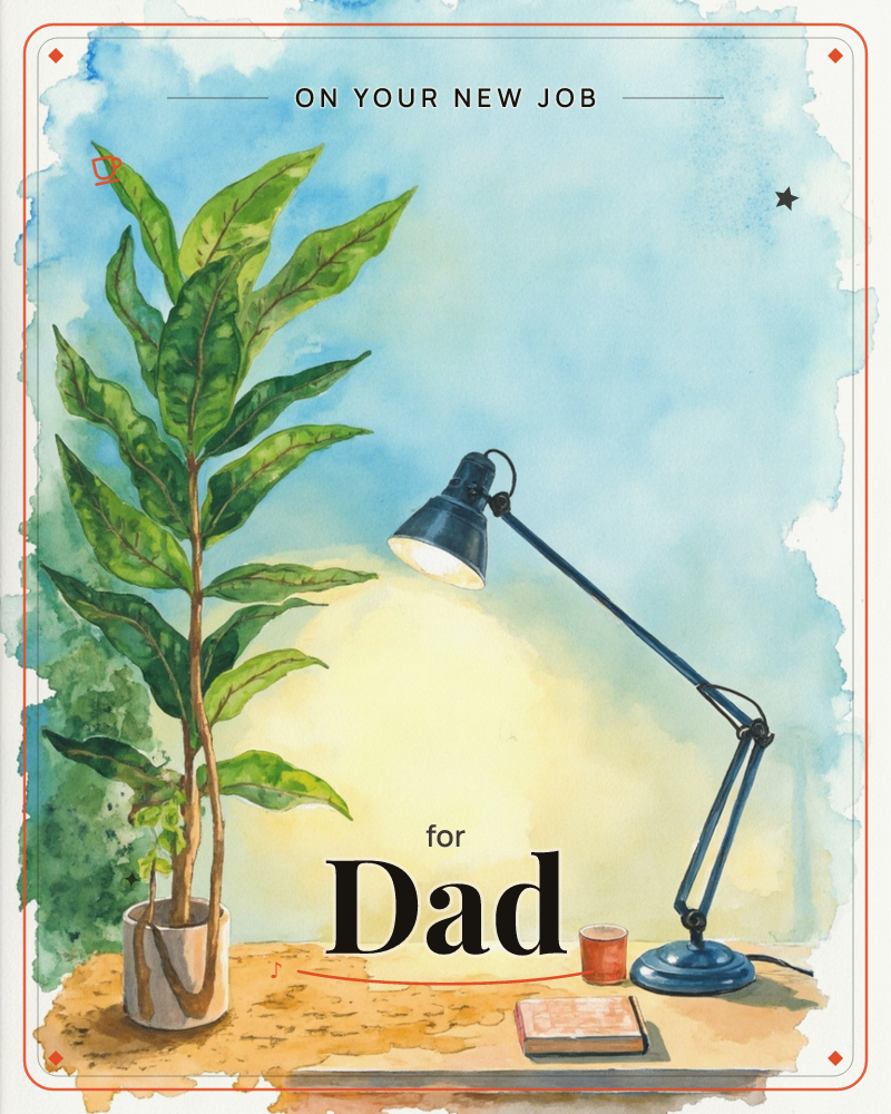 A tall potted plant leans beside an adjustable desk lamp casting a warm yellow glow against a soft blue watercolour background, a new job e-card design
