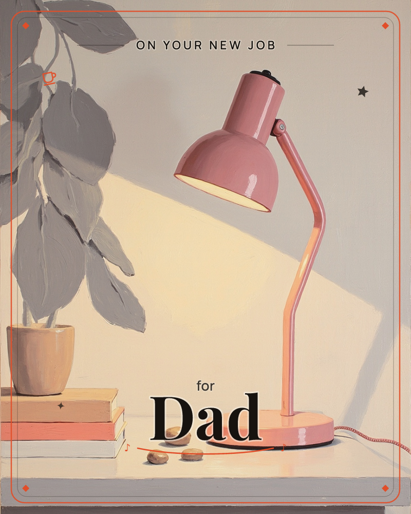 A pink desk lamp casts a warm triangular glow across a pale tabletop, next to a small potted plant balanced on a stack of books, a new job e-card design