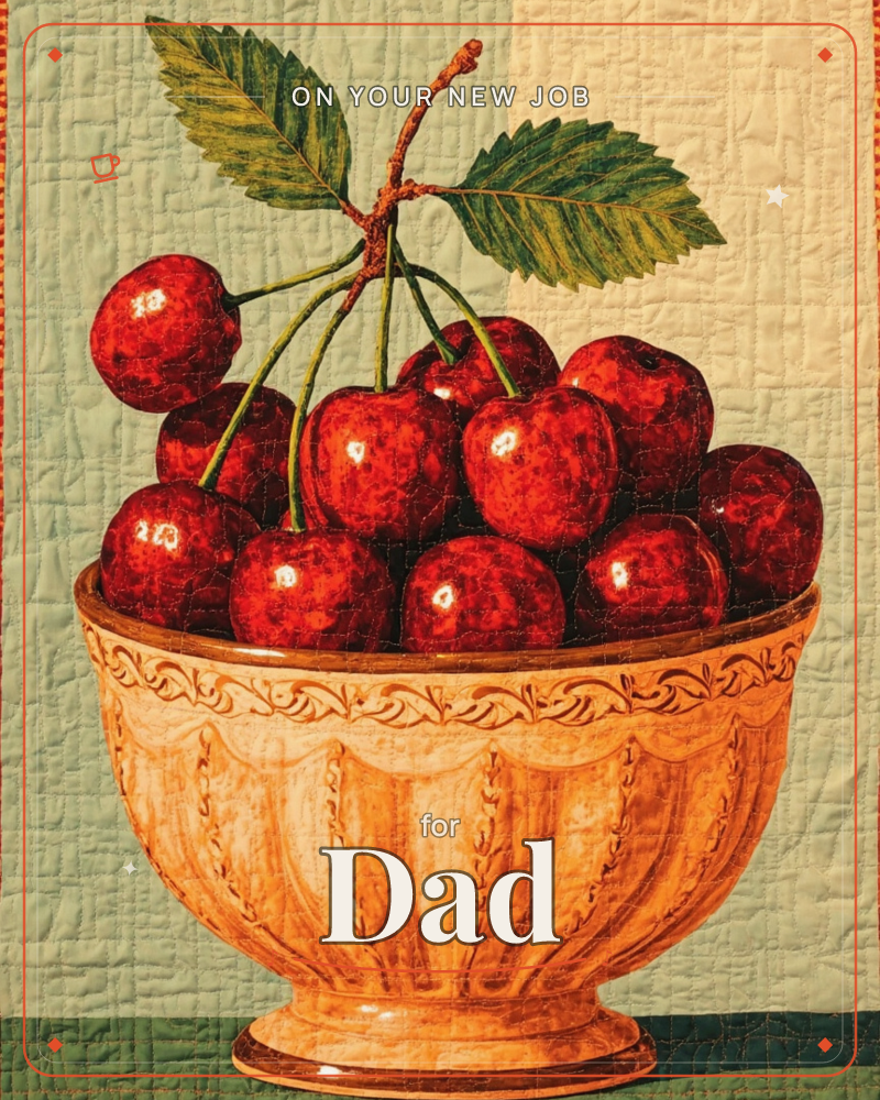 A carved pedestal bowl in warm ochre holds a heap of glossy red cherries, their stems crossed and topped with two large serrated leaves, a new job e-card design