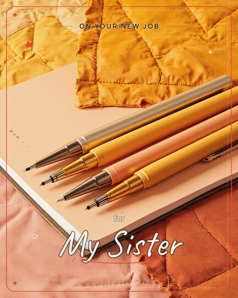 A row of four fine pens and pencils lies diagonally across an open blank notebook, its cream pages catching warm golden light, a new job e-card design