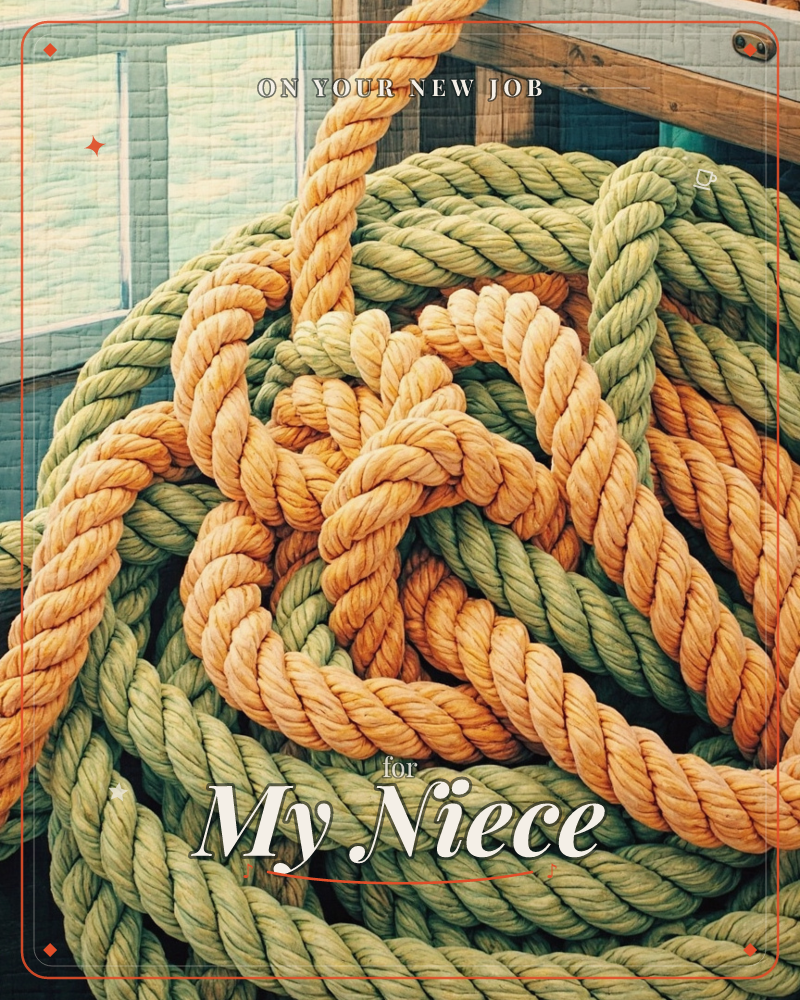 A close-up of thick nautical rope, sage-green and weathered orange strands coiled and looped together on a wooden dock, with a hazy window pane visible…, a new job e-card design