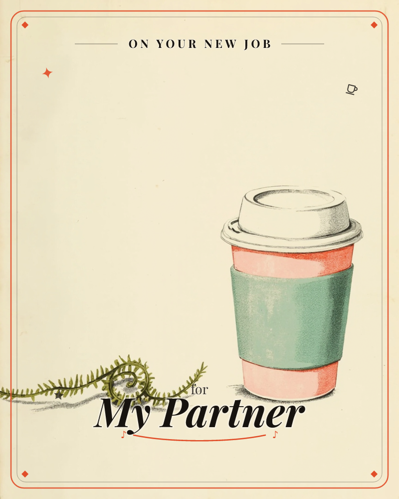 A takeaway coffee cup with a pink body, sage-green sleeve, and white lid sits on a cream background beside a single curling fern frond, a new job e-card design