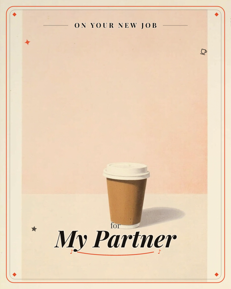 A single takeaway coffee cup with its white lid sits alone against a softly graded peach-pink background, casting a long clean shadow, a new job e-card design