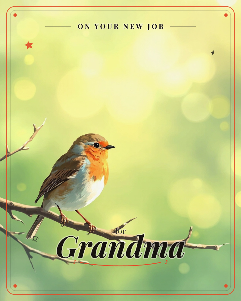 A robin with a bright orange breast perches on a thorny bare branch, set against a soft green backdrop scattered with glowing bokeh light, a new job e-card design