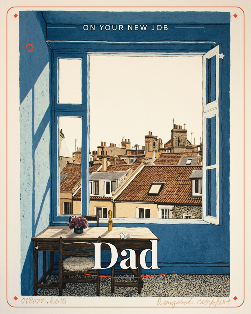 A blue-framed open window looks out over a rooftop skyline of terracotta tiles, chimneys and dormer windows under a pale sky, a new job e-card design