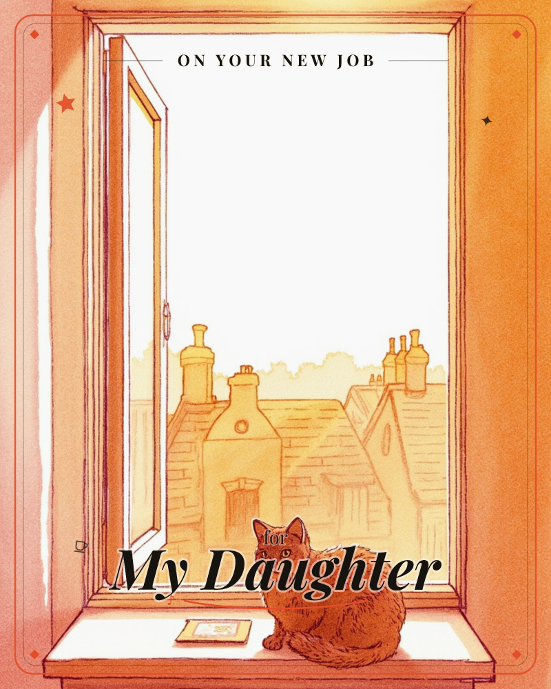 A ginger cat sits curled on a windowsill beside an open casement window, gazing out over a row of rooftops and chimney pots bathed in warm evening light, a new job e-card design