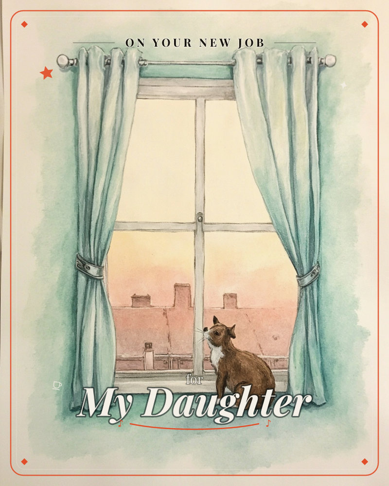 A small brown and white cat sits on a windowsill between soft seafoam curtains, gazing out over rooftop chimneys at a glowing pink and gold sunset sky, a new job e-card design
