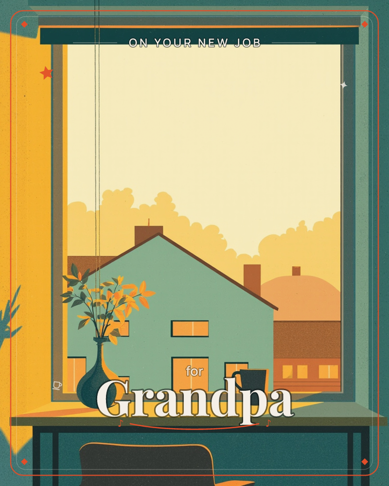 A window seat looks out over a row of rooftops bathed in golden evening light, with a vase of autumn leaves and a dark mug resting on the sill, a new job e-card design