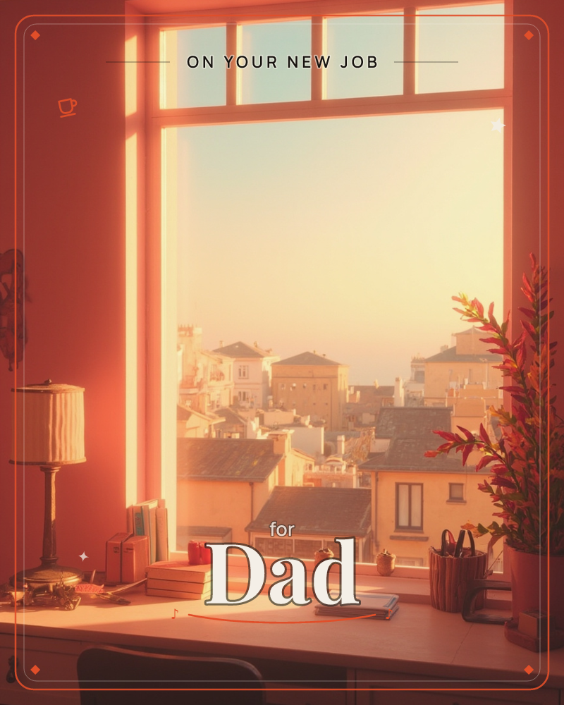 A large window frames rooftops of an old town bathed in golden late-afternoon light, with a lamp, stacked books, and a red-leafed plant resting on the…, a new job e-card design