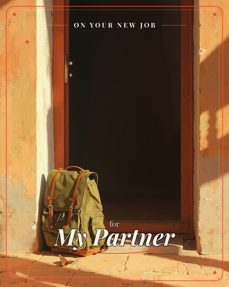 An olive-green canvas backpack with tan leather straps leans against a weathered ochre wall beside an open dark doorway, a new job e-card design
