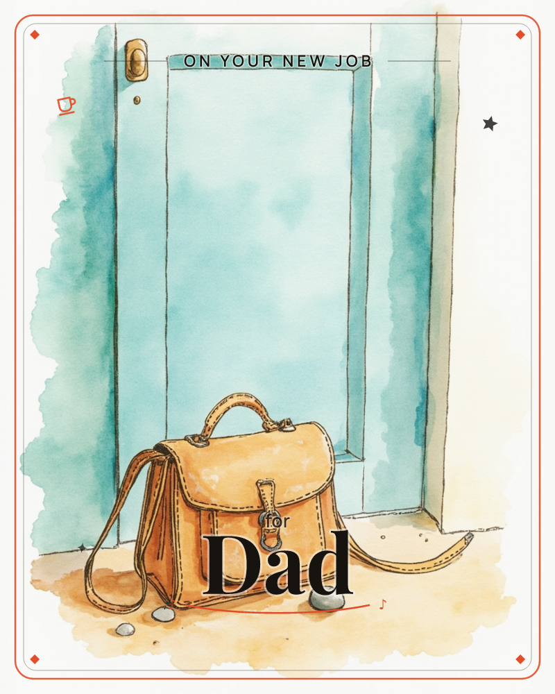 A tan leather satchel sits propped against a pale turquoise door, its buckle loose and strap trailing across the sandy threshold, a new job e-card design