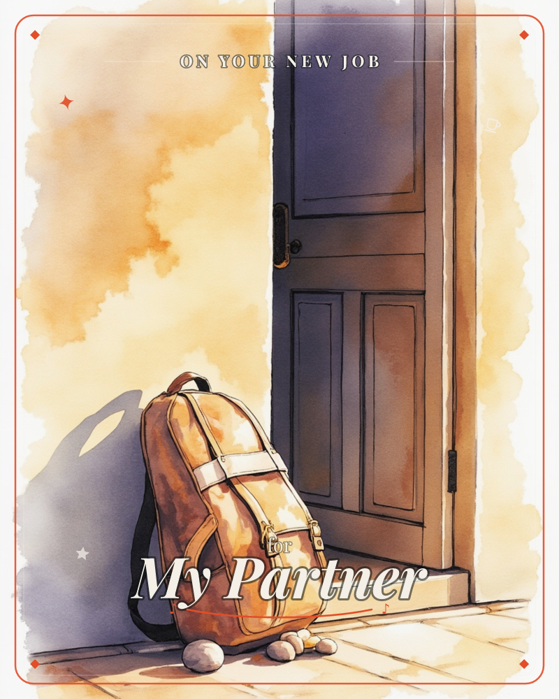 A worn leather backpack rests against a sunlit doorway, its long shadow stretching across warm ochre tiles beside a few scattered pebbles, a new job e-card design