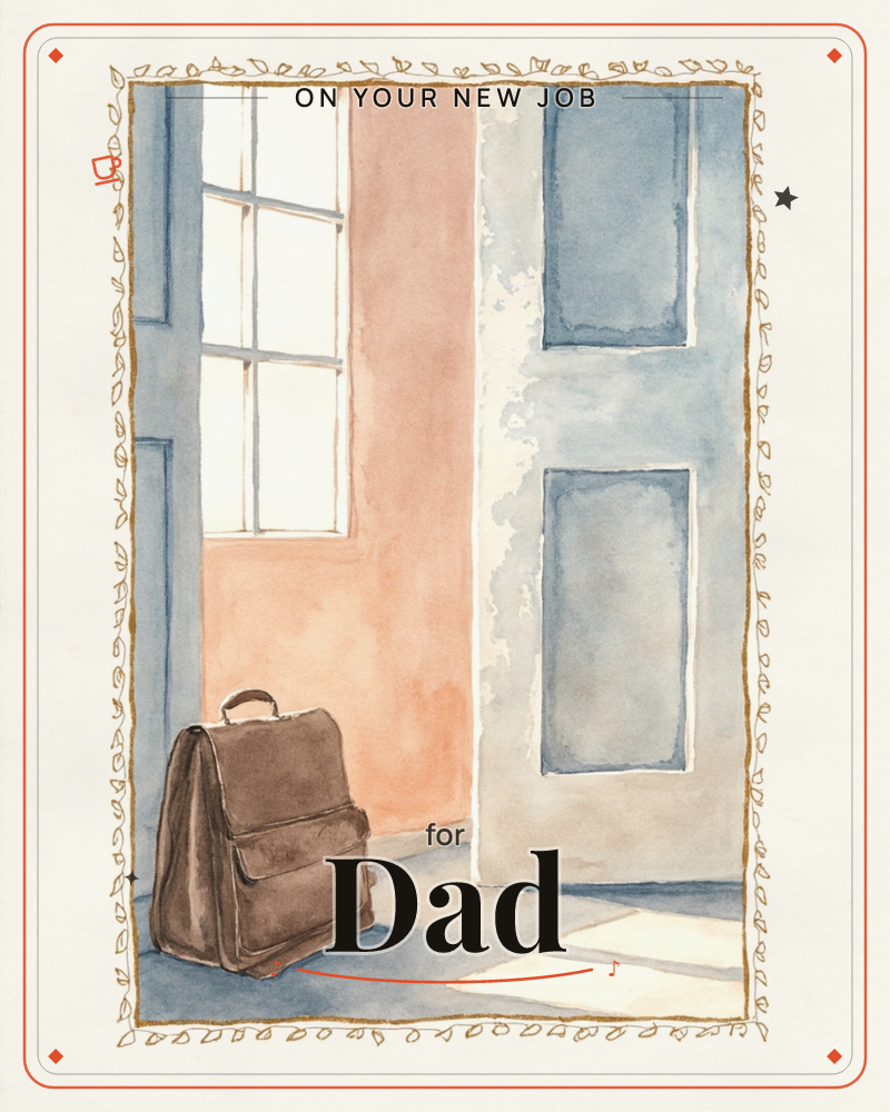 A worn leather satchel sits alone on the floor of a quiet, sunlit room, its shadow stretching across the boards from a tall paned window, a new job e-card design